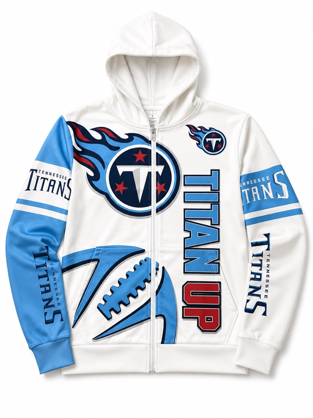 White & Light Blue Full-Zip Hoodie Jacket